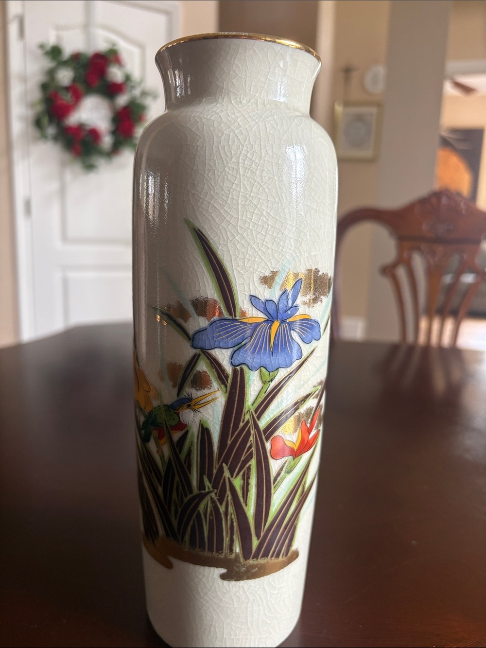 Vintage 20th Century Japanese Otagari Ivory Porcelain Vase approximately 11”x 3”